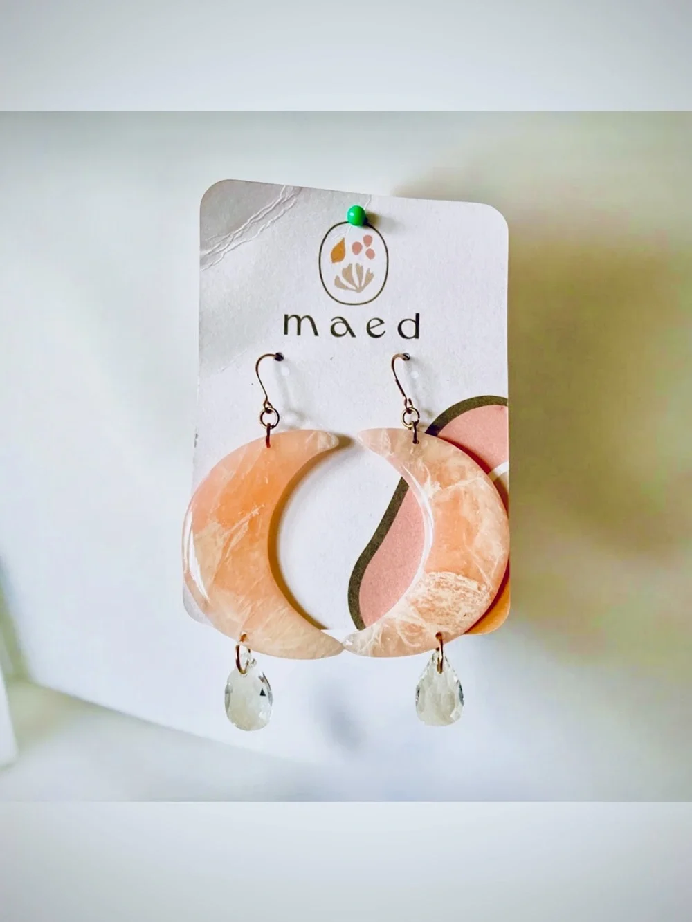 Handmade Rose Quartz Pink Clay Crescent Moon Drop Earrings
